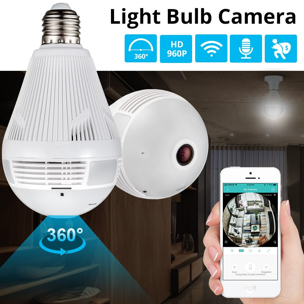 960P Wireless Home Security WiFi CCTV Fisheye Bulb Lamp IP Camera 360 Degree