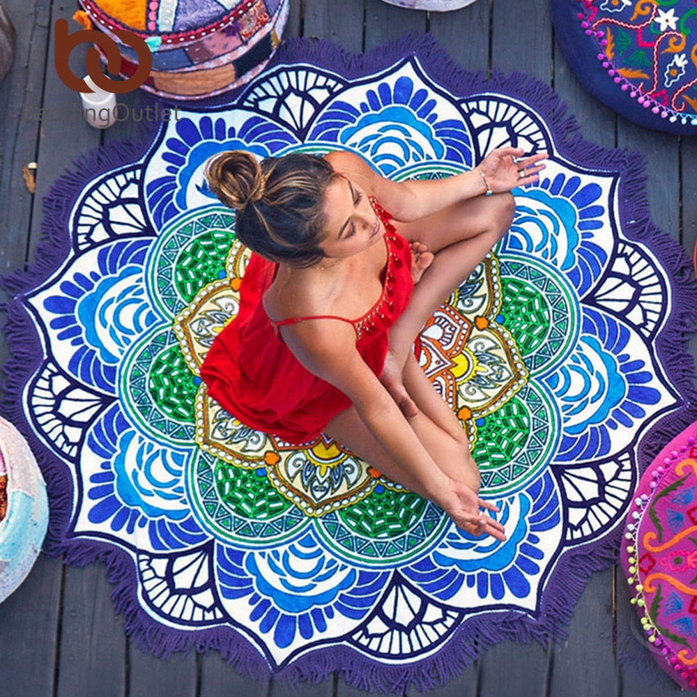 Chakra Beach Towel Tassel Mandala Round Cover-Up Bath Lotus Bohemian Yoga Mat 150cm